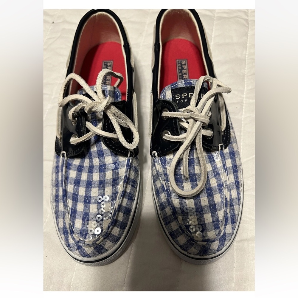 Sperry Size 6M  Checkered Gingham Topsiders Boat Shoes Blue